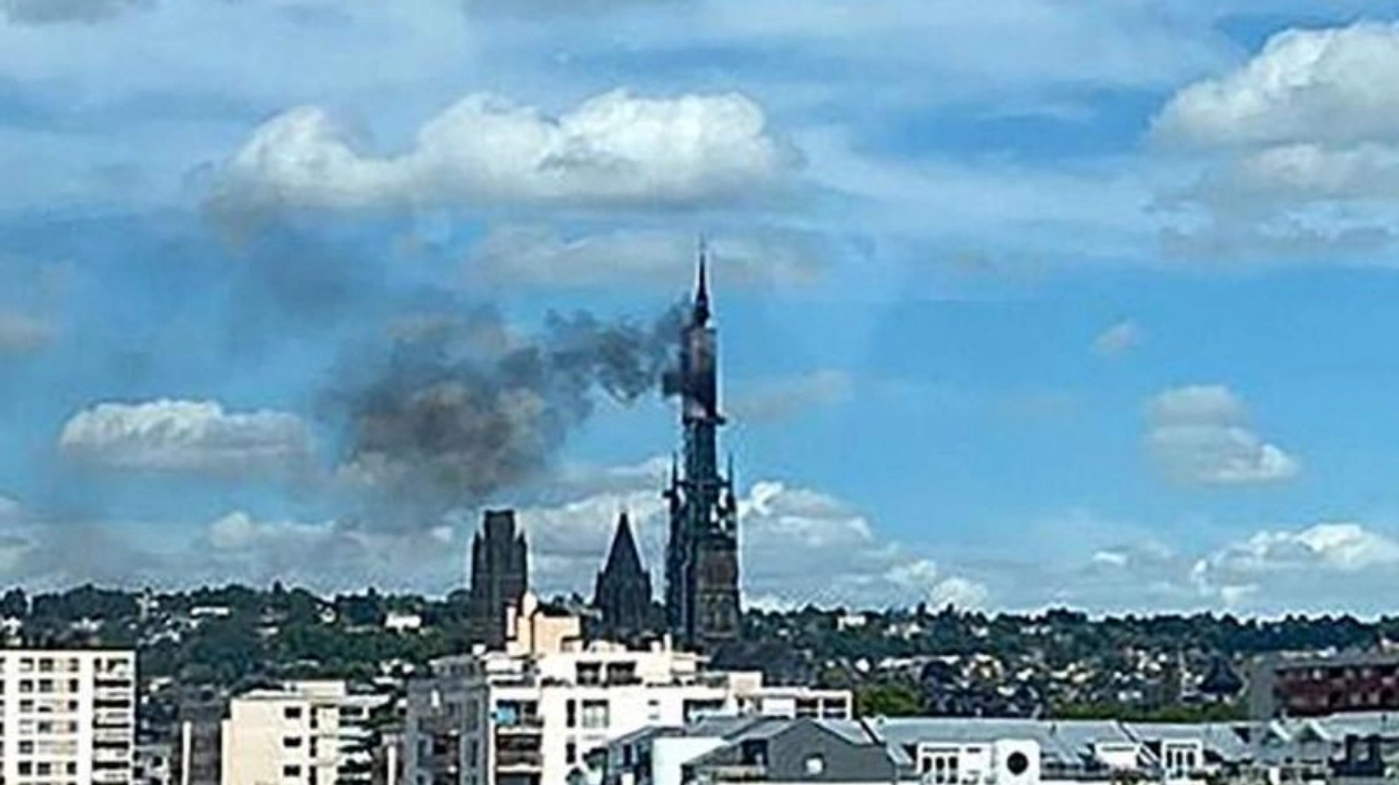 Fire Engulfs Spire of Rouen Cathedral in Northern France