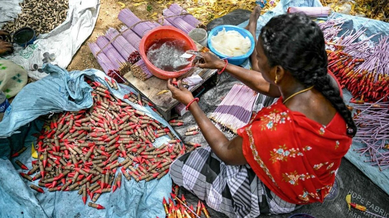 Woman Works at Firecracker Factory Ahead of Diwali