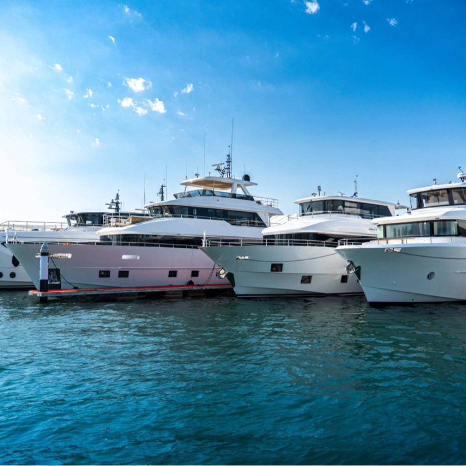 line up of boats at Dubai International Boat Show 2025