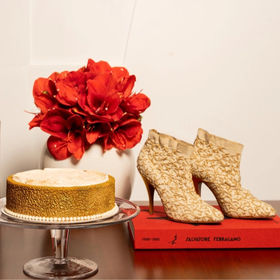 golden tart and golden women's shoes