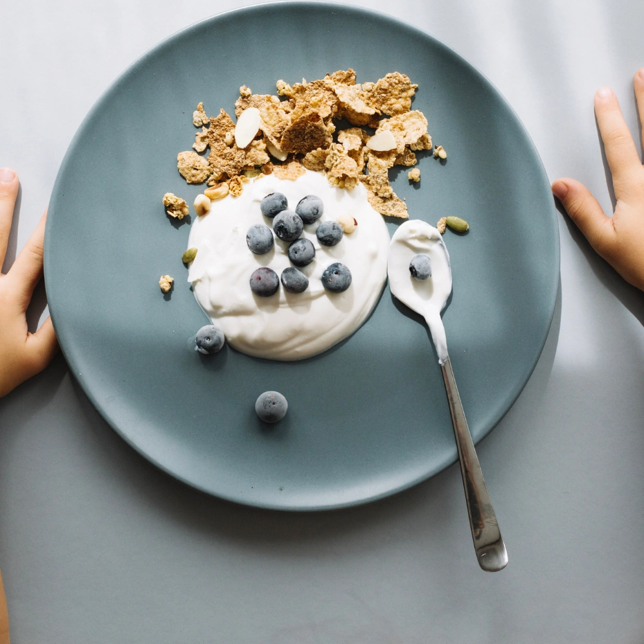 Yoghurt and cereals on the plate